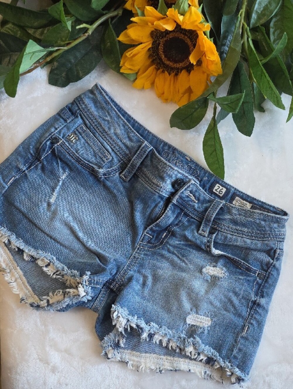 Miss Me Mid Rise Frayed Hem Women's Shorts - Light Blue